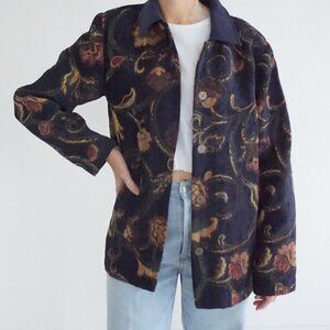 Vintage Susan Graver Navy Multicolor Floral Tapestry Textured Western Jacket L
